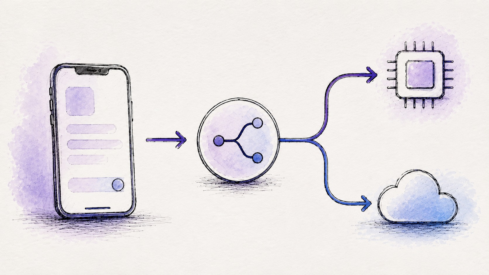 Schema del flusso di instradamento ibrido: una richiesta utente viene valutata e inviata a un modello locale nel browser oppure a un modello cloud a seconda della complessità
